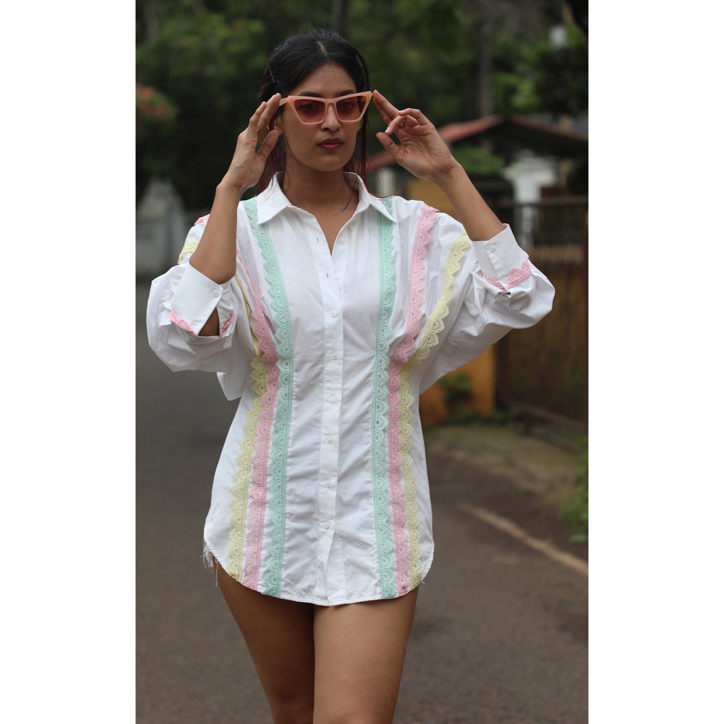 Cotton poplin white shirt dress with crochet detailing