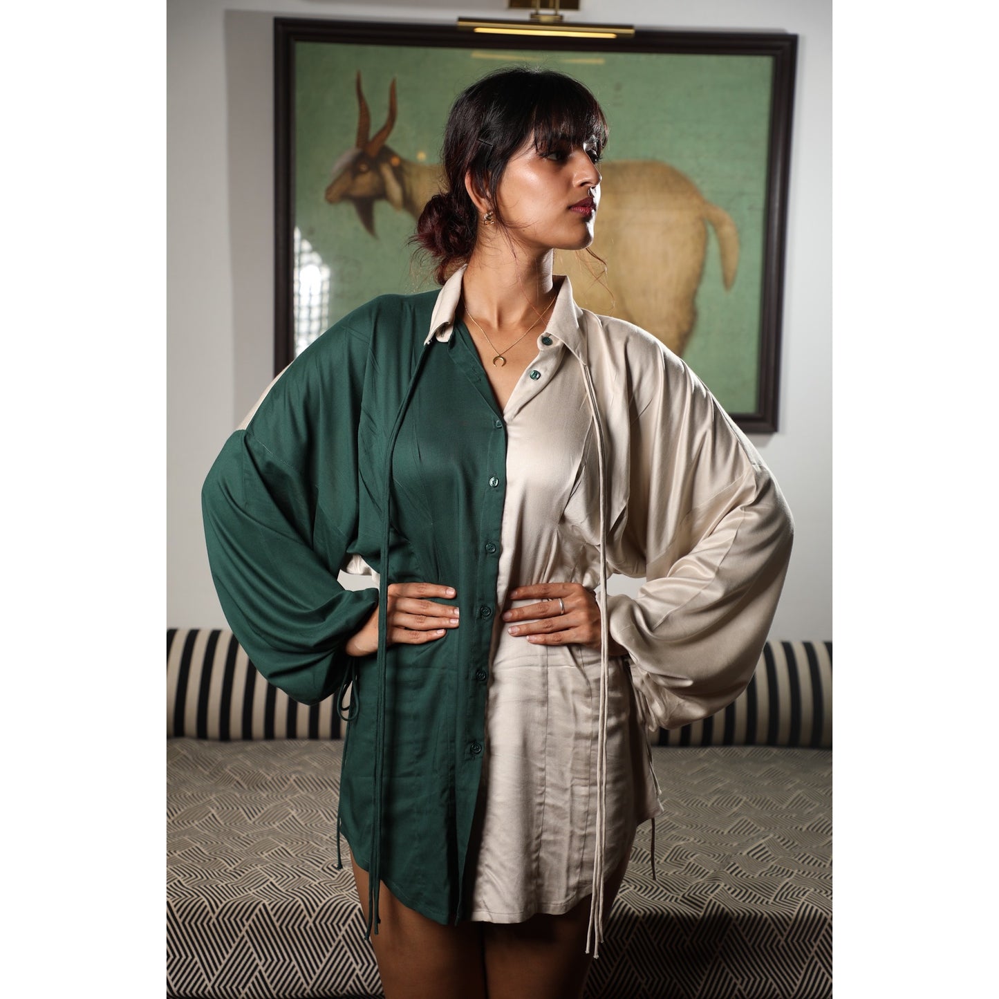 Emerald green half n half shirt dress