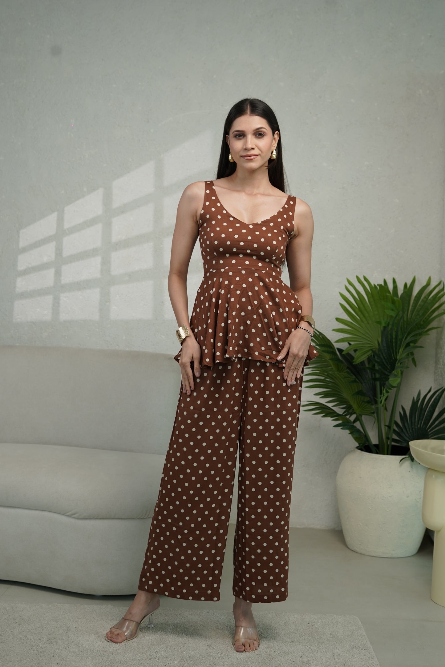 Choclate brownie polka cord set