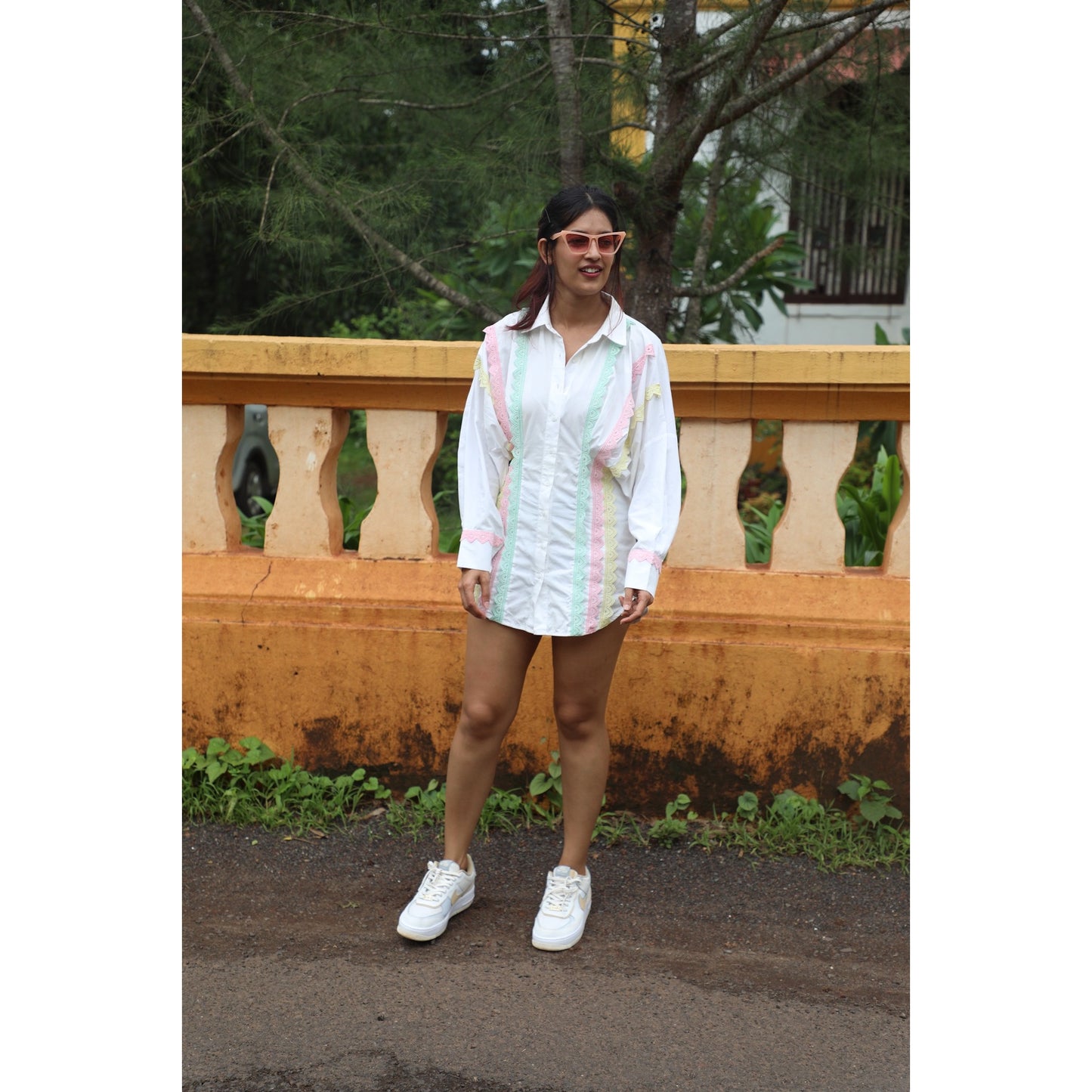 Cotton poplin white shirt dress with crochet detailing