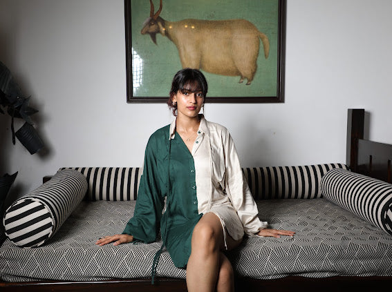 Emerald green half n half shirt dress
