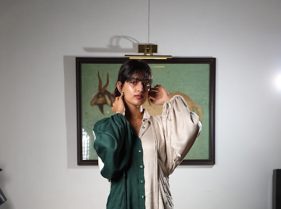 Emerald green half n half shirt dress