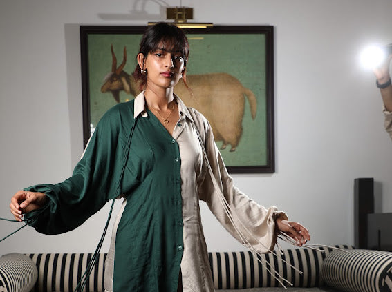 Emerald green half n half shirt dress