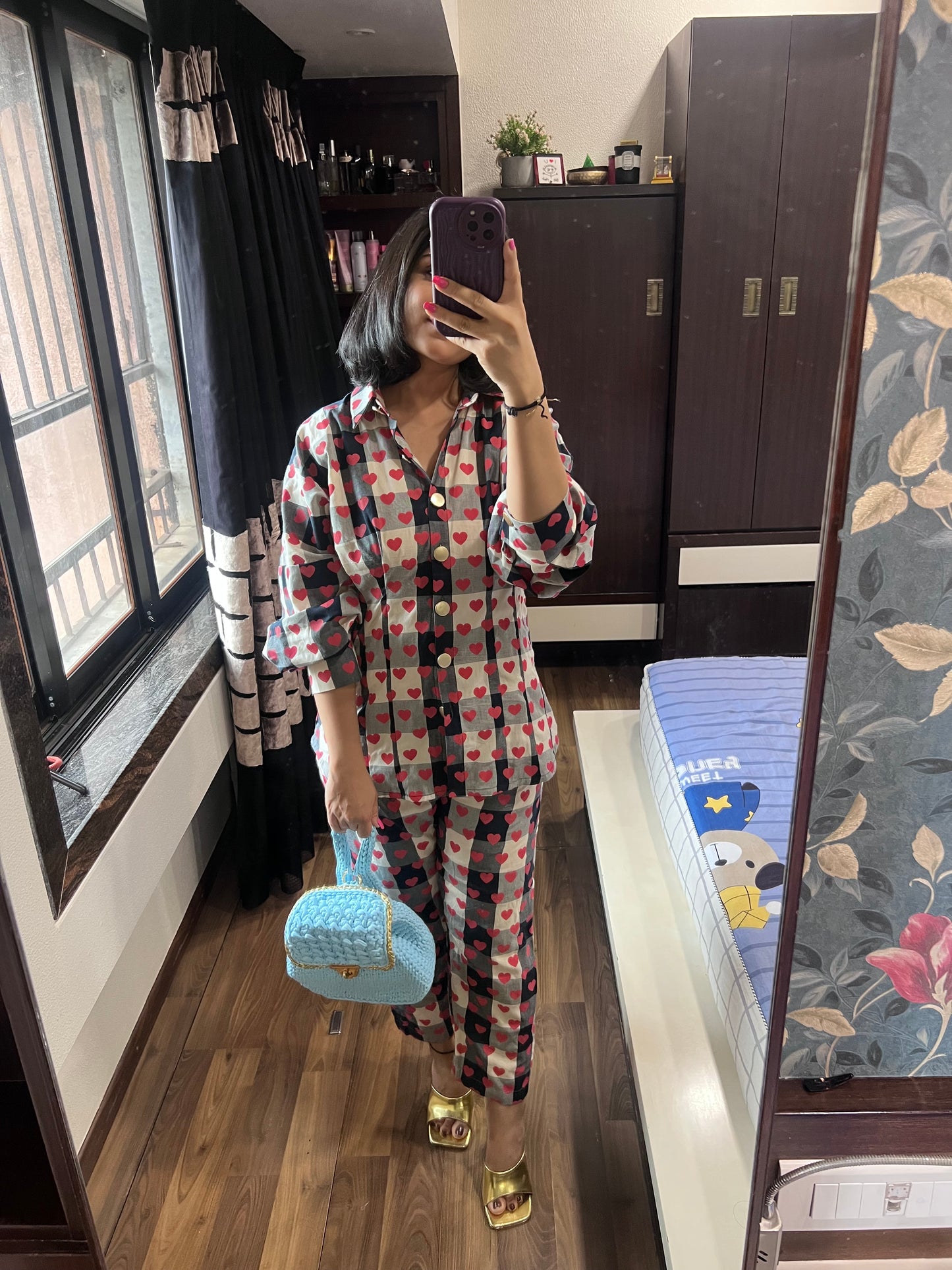 Checks and heart cord set shirt pant