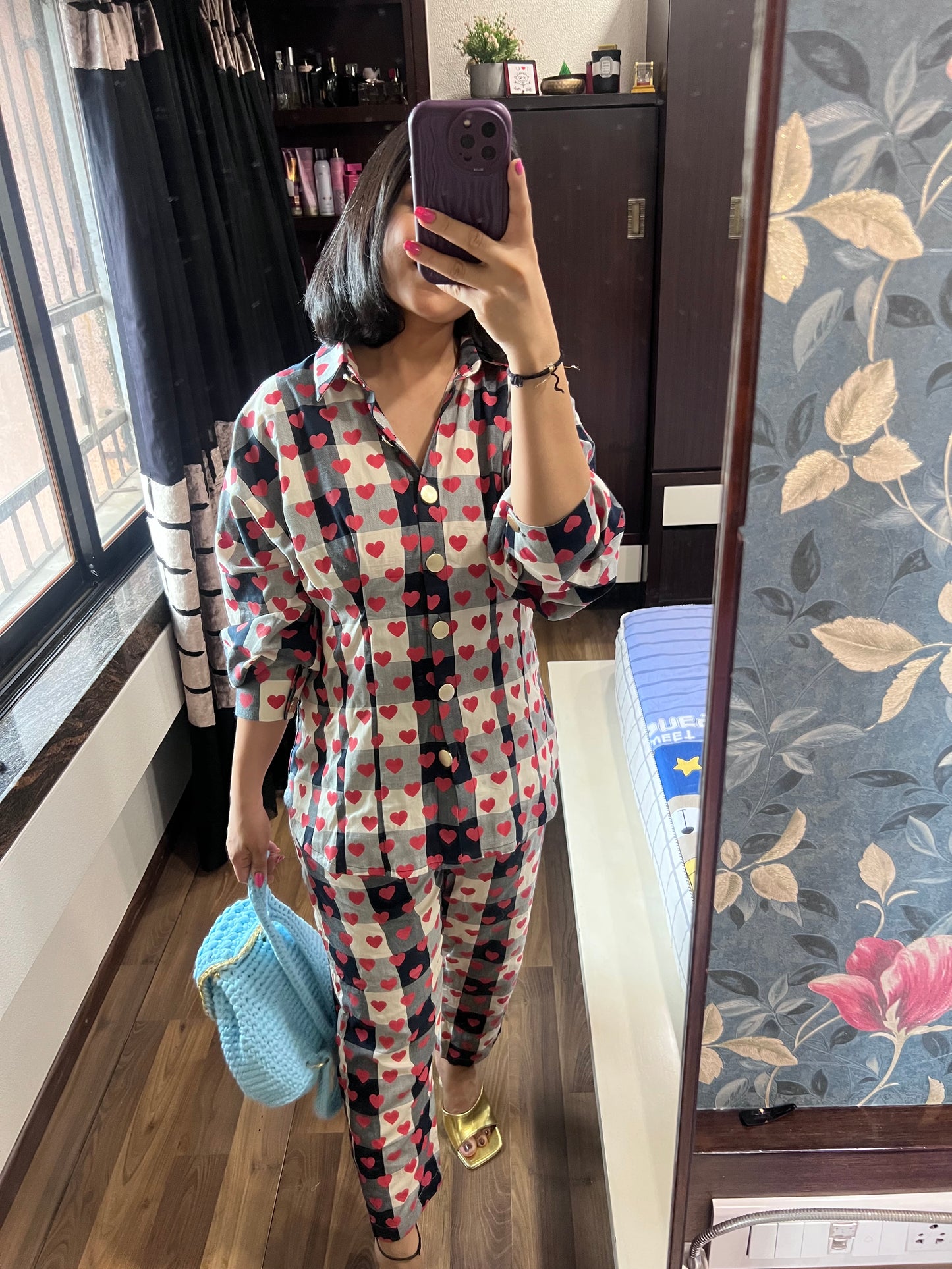 Checks and heart cord set shirt pant