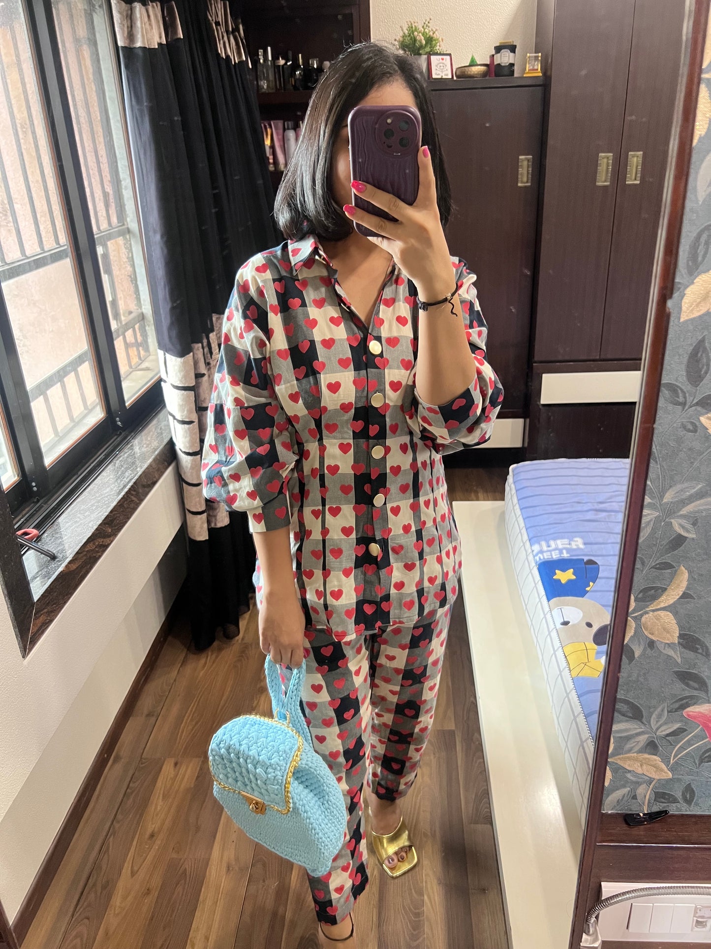 Checks and heart cord set shirt pant