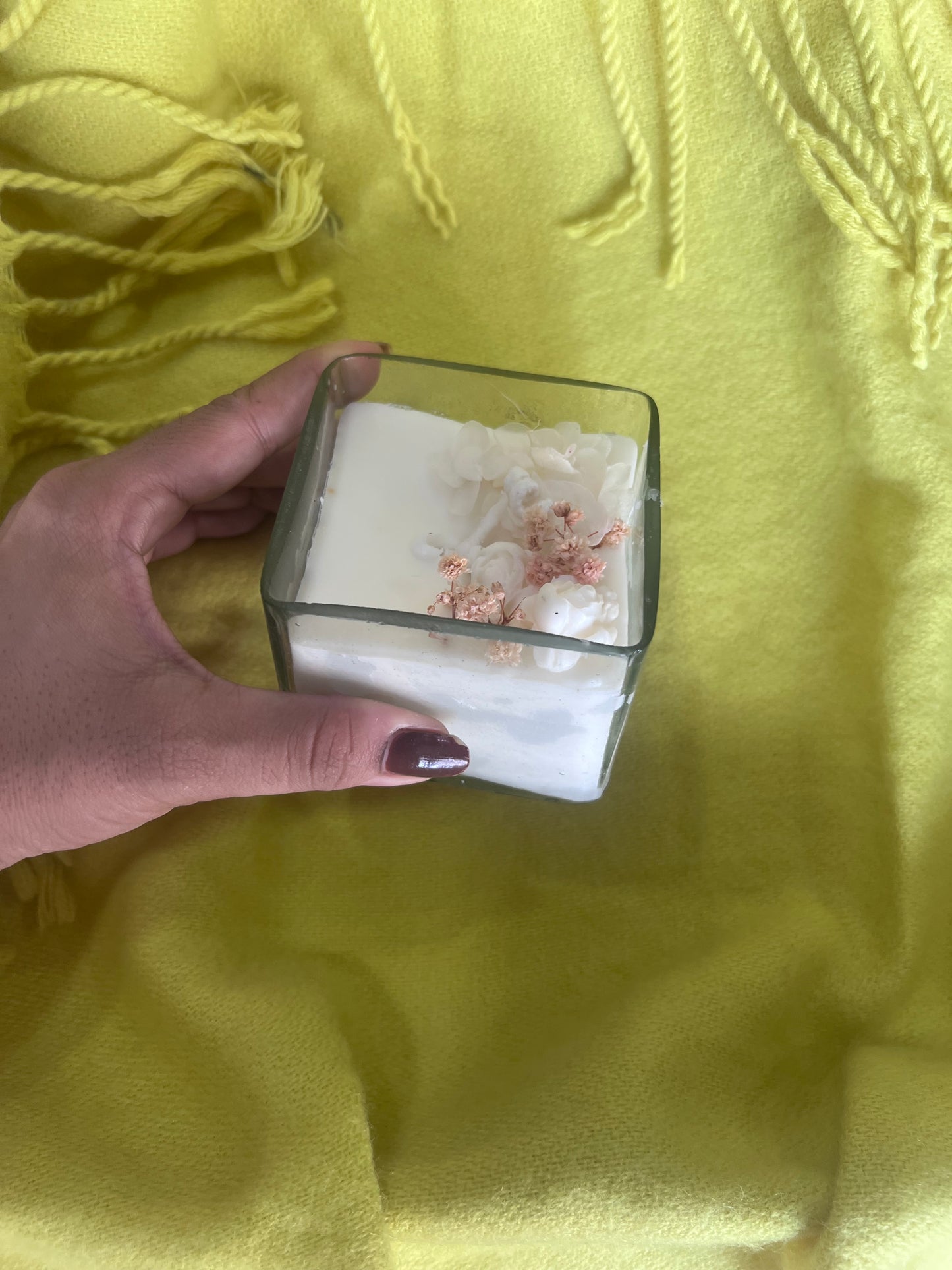 Glass candle notes of wood and warm fuzzy