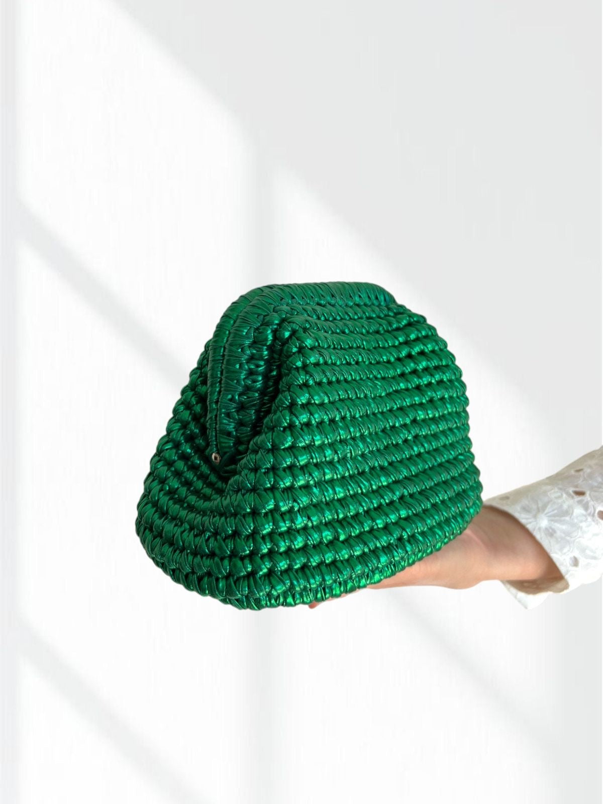 Bottega emerald green crochet clutch