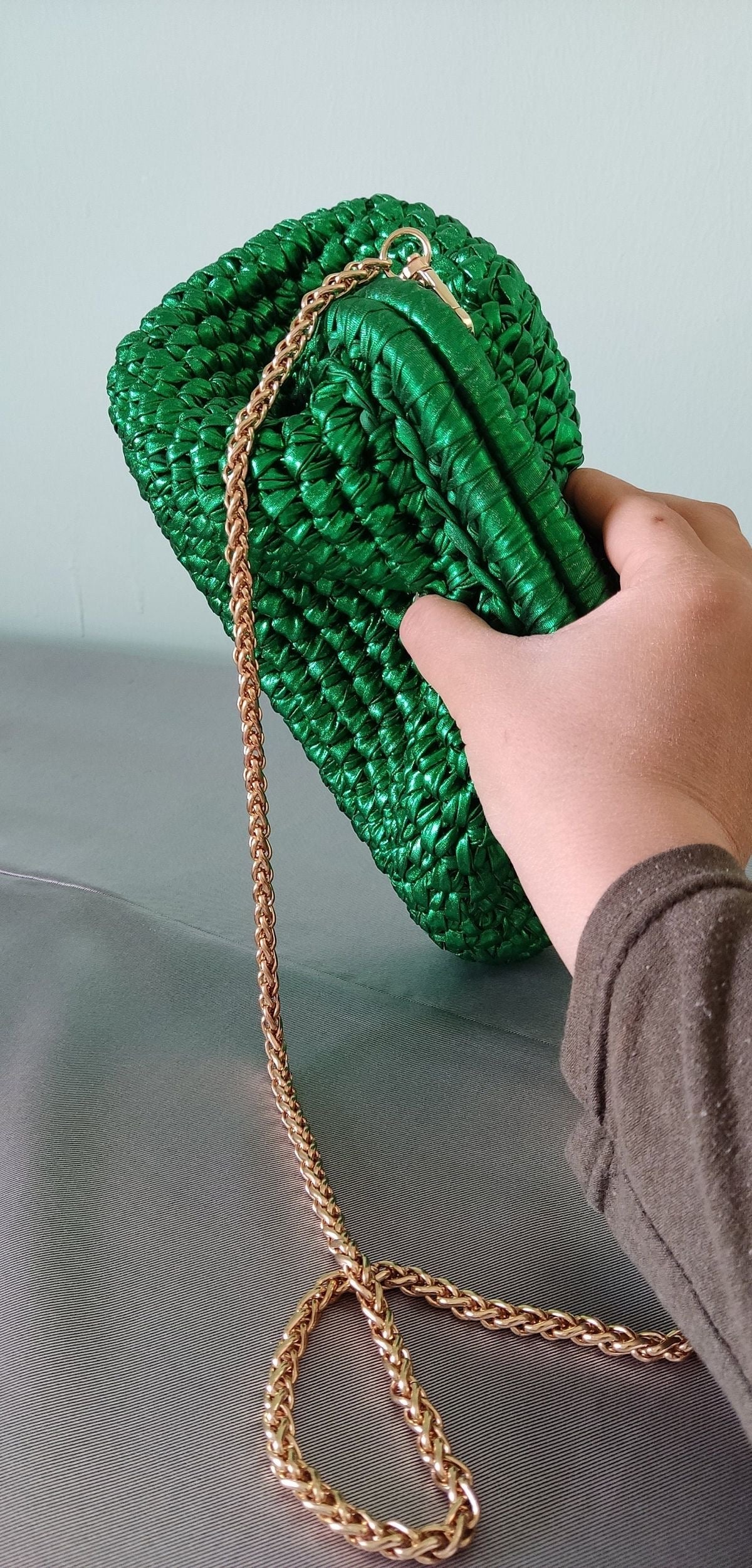 Bottega emerald green crochet clutch
