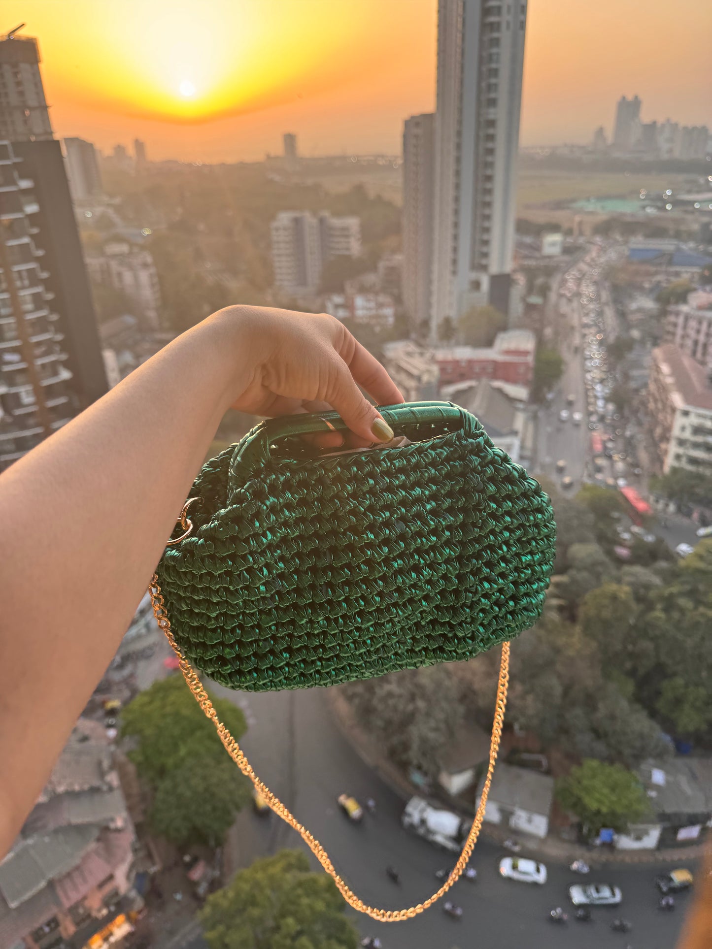Bottega emerald green crochet clutch
