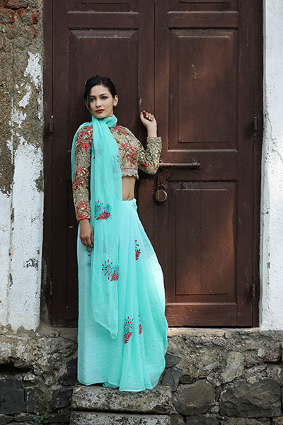 Mint Green Hand-painted Saree