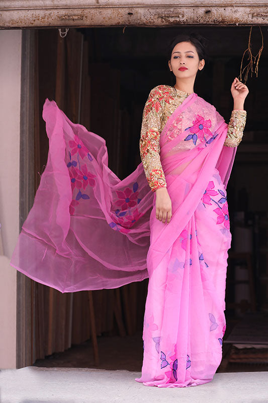 Pink Floral Hand-Painted Saree with Sequence
