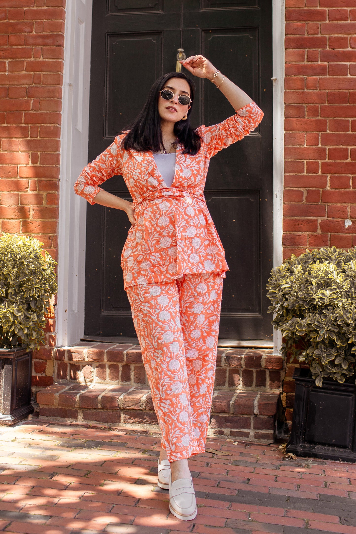 Orange Block Print Pant Suit