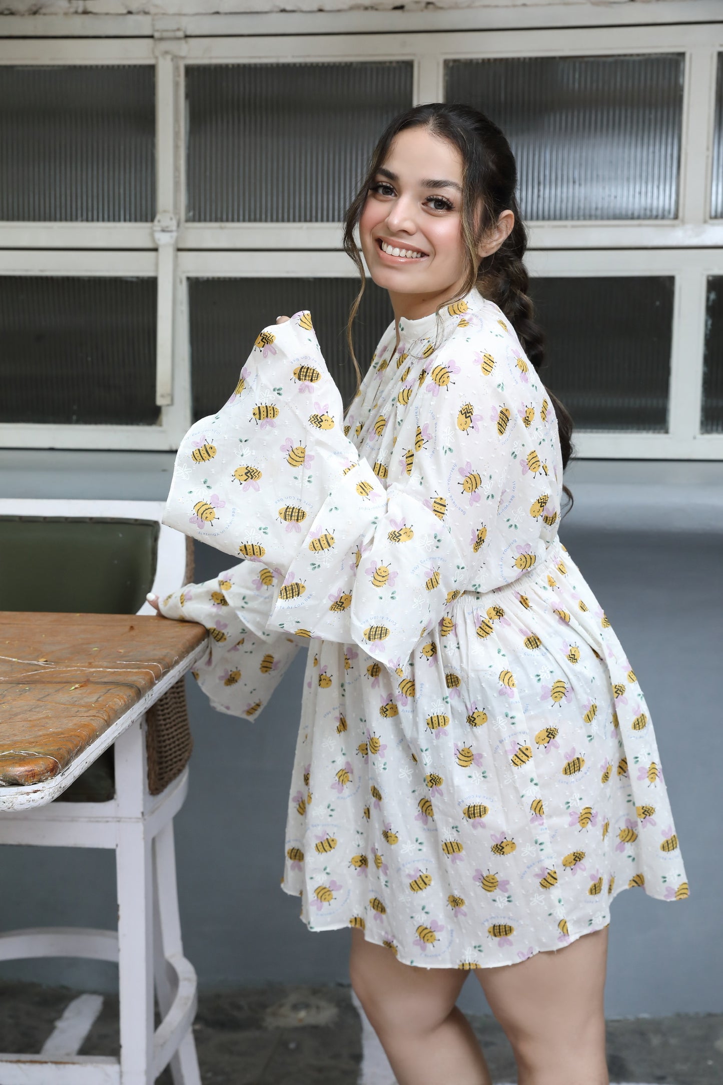 Honey bee white flared dress