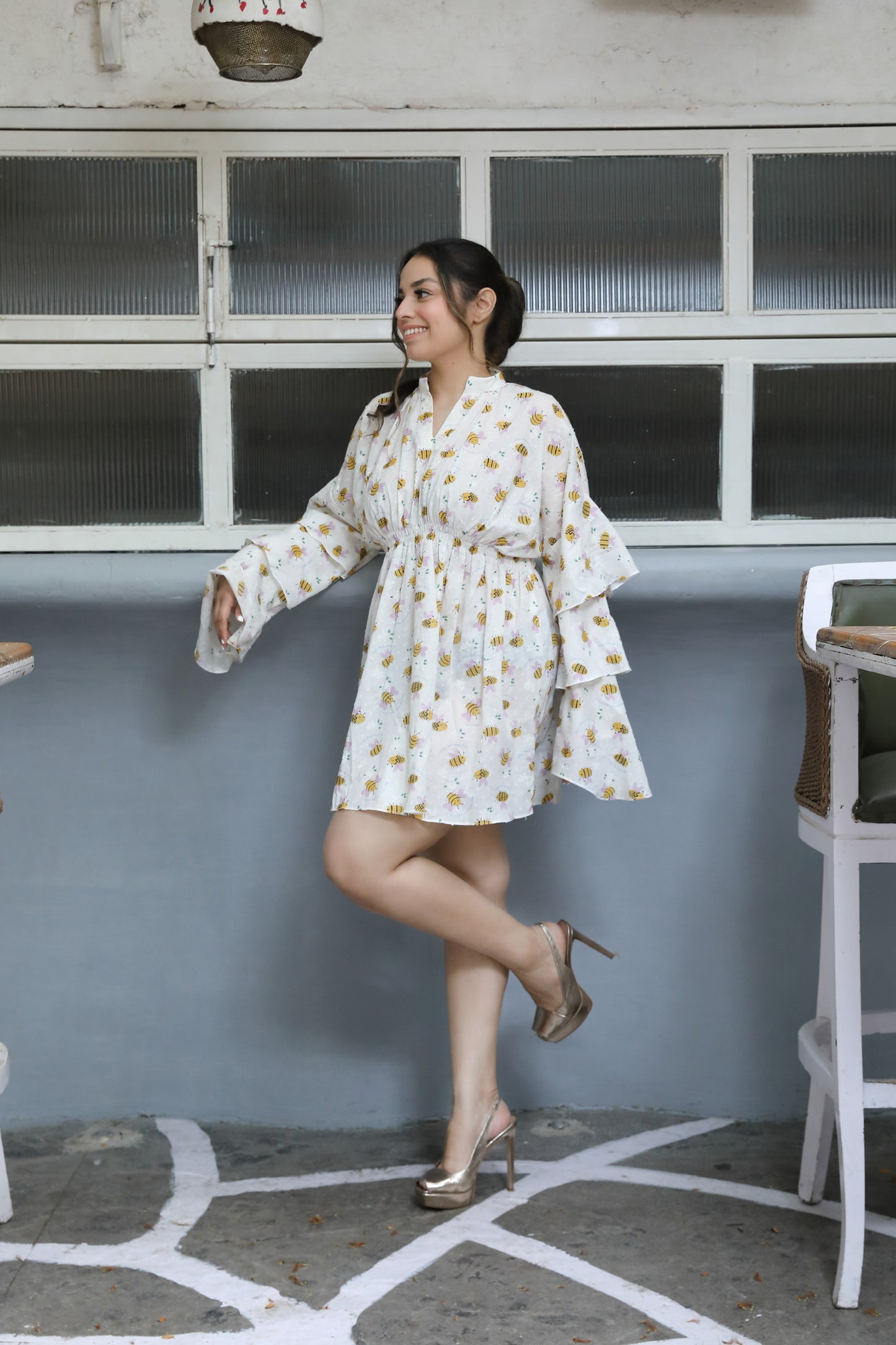 Honey bee white flared dress