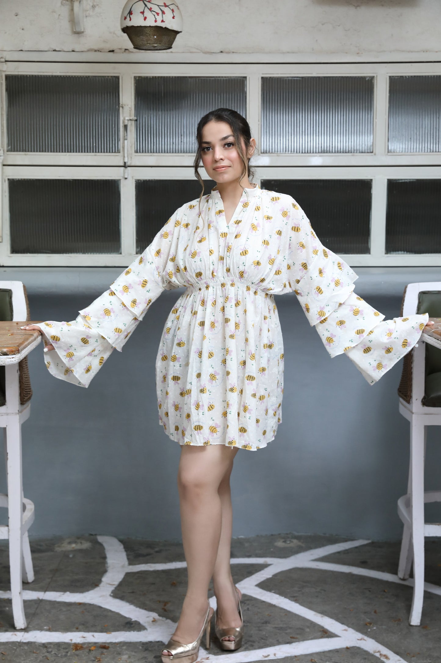 Honey bee white flared dress