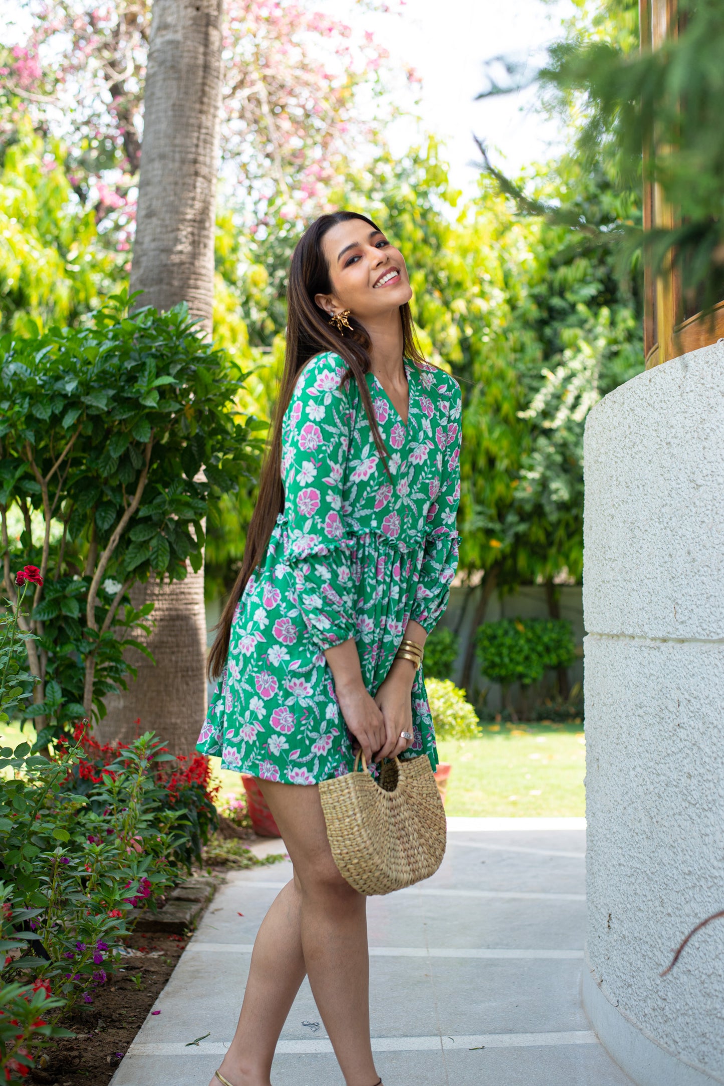 Green Floral Flared Dress