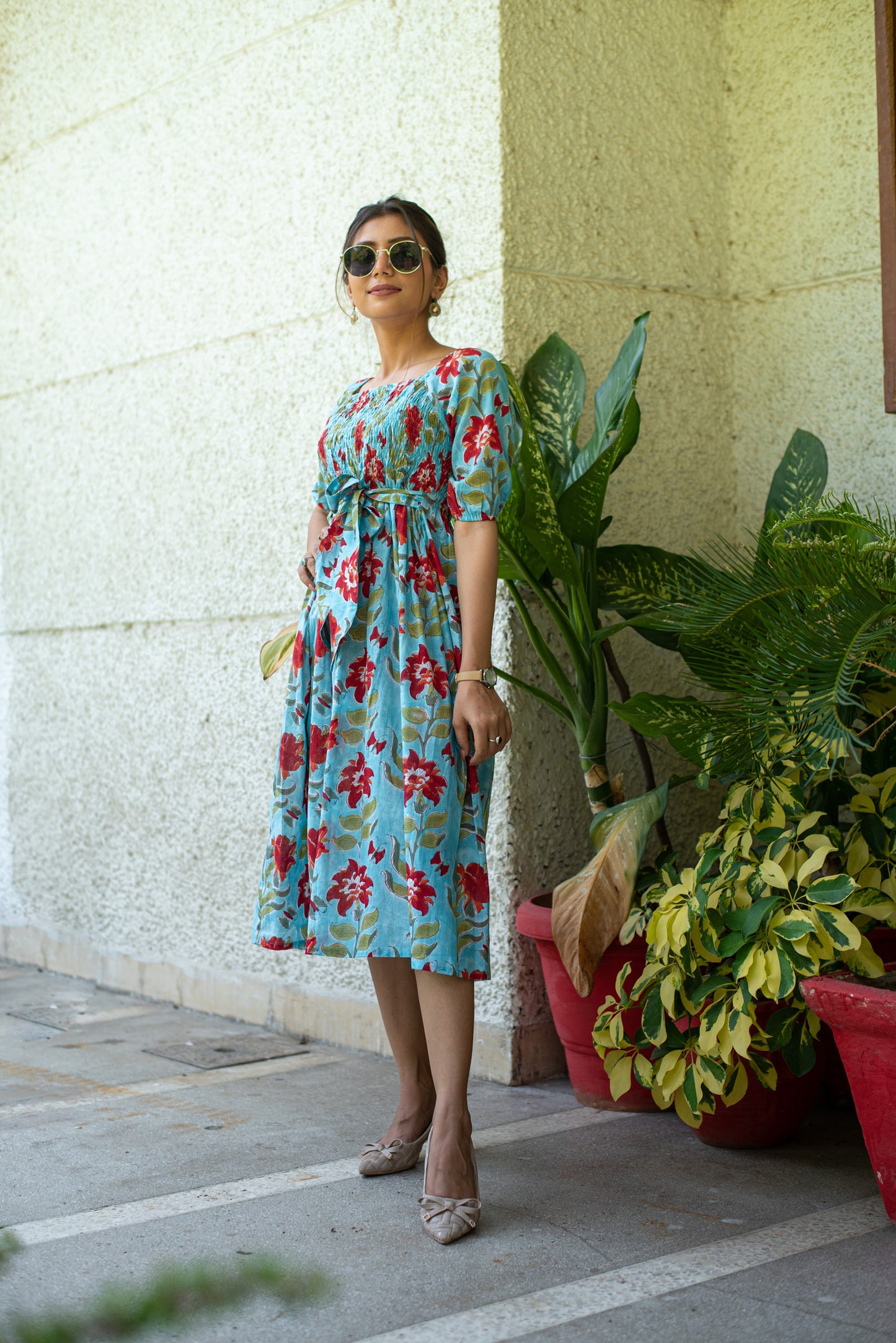 Red Pop floral summer midi Dress