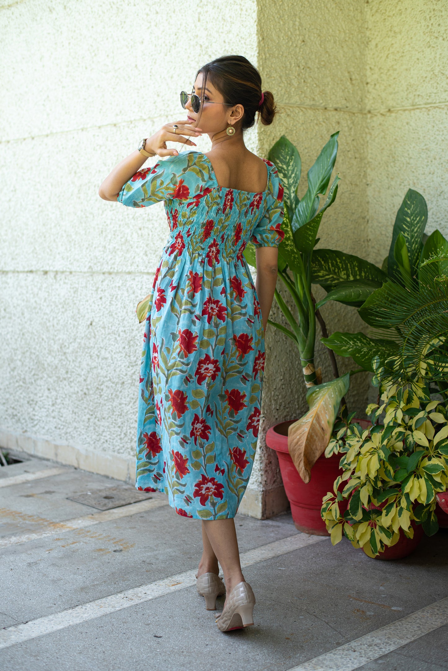 Red Pop floral summer midi Dress