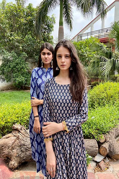 Dark Blue Booti kurta with Gota