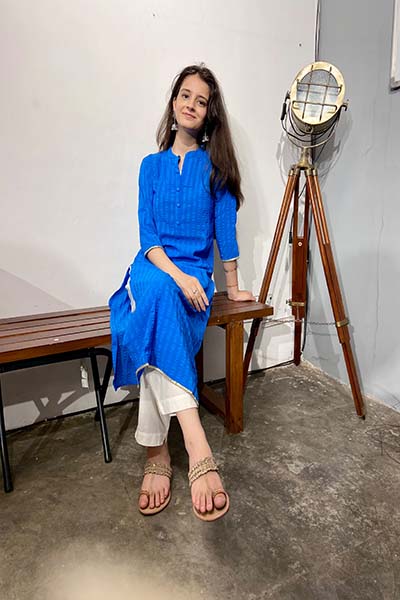 Solid Blue Self Kurta