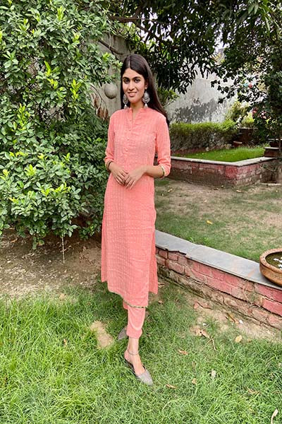 Peach Self pattern kurta Set