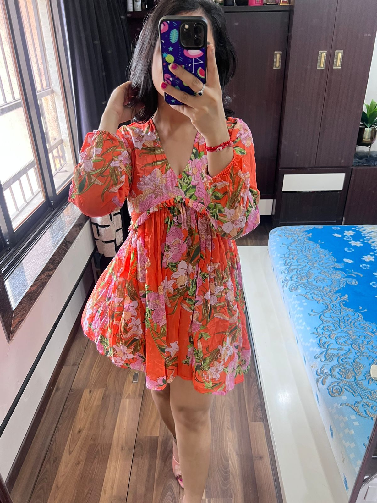 Orange Floral Flared Dress