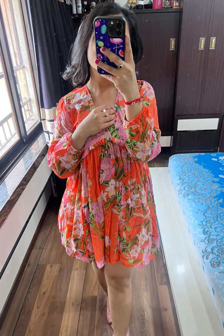 Orange Floral Flared Dress
