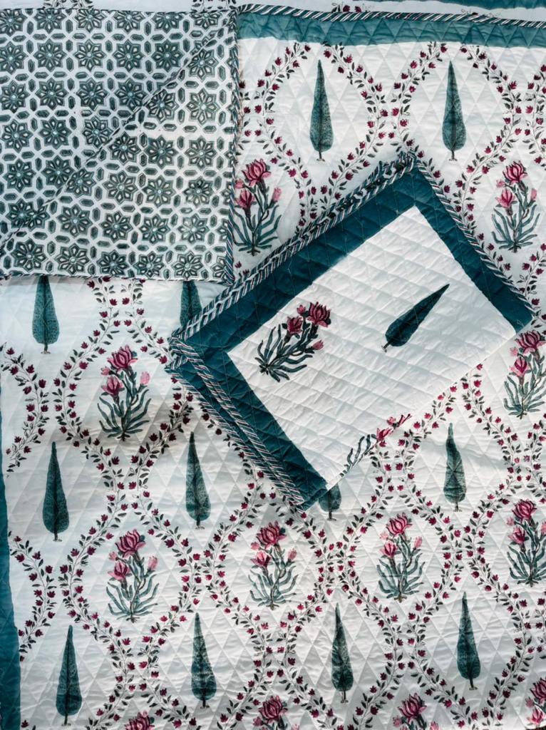 Gul Quilted Handblock Printed Bedcover