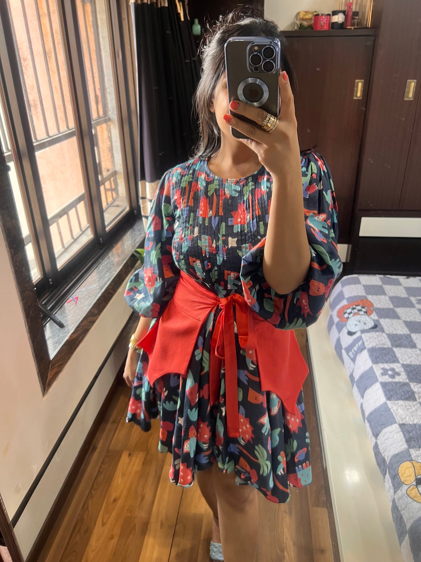 Astro flared dress with a tie up belt