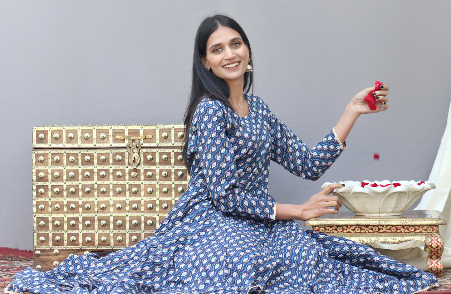 Blue Boota Anarkali Kurta With Gota