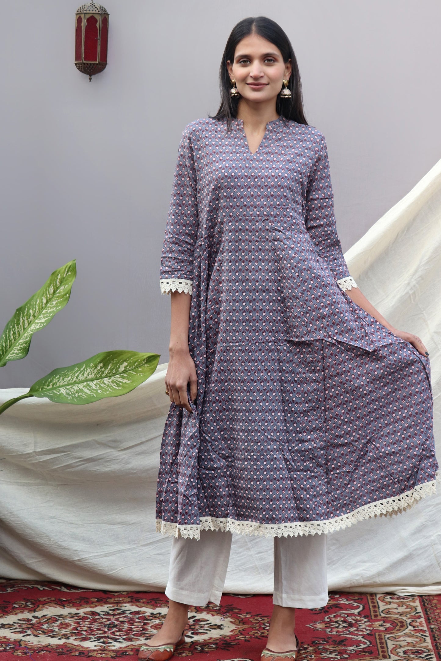 Grey Anarkali printed