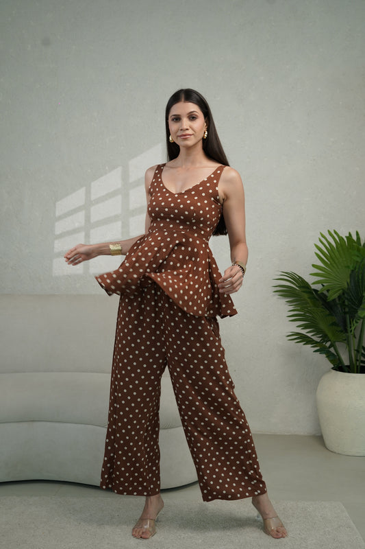 Choclate brownie polka cord set