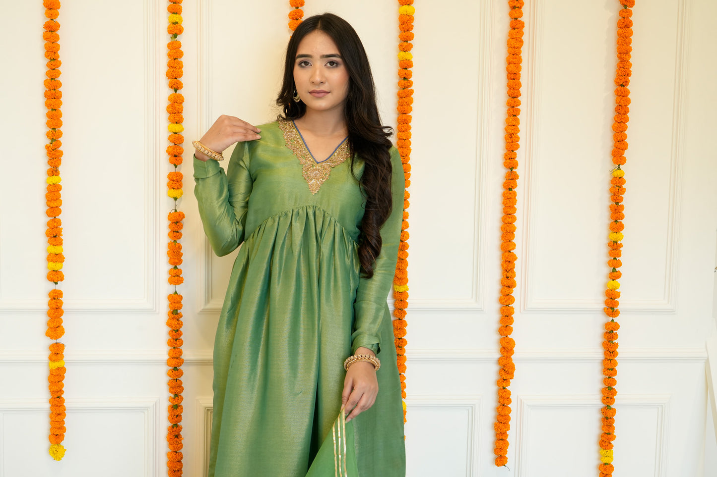 Green Anarkali Tissue Suit