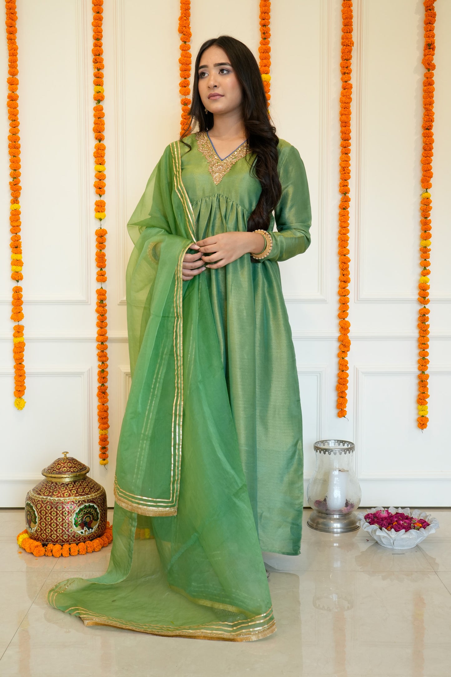 Green Anarkali Tissue Suit