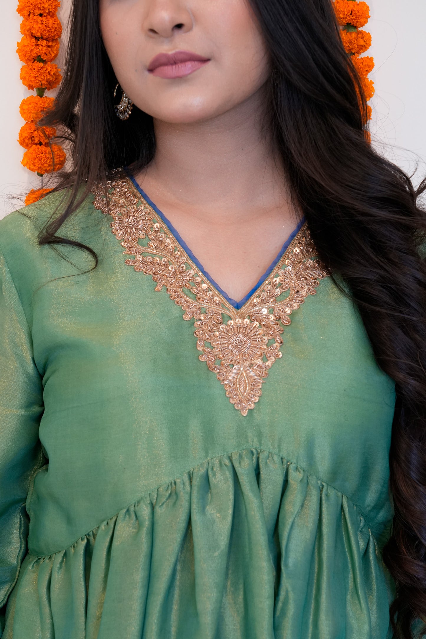 Green Anarkali Tissue Suit