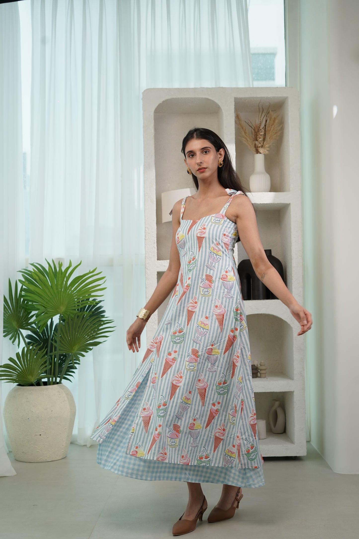 Striped and gingham printed dress