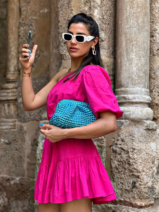 Bottega teal metallic bag clutch