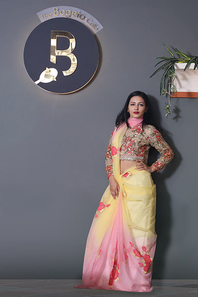 Shaded Yellow Pink Hand Painted Sarees