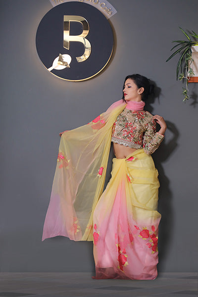 Shaded Yellow Pink Hand Painted Sarees