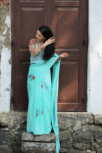 Mint Green Hand-painted Saree
