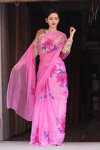 Pink Floral Hand-Painted Saree with Sequence
