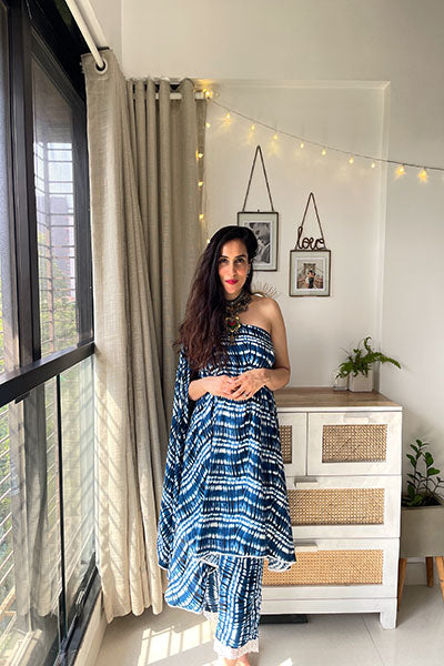 Flared Blue One Off-shoulder Kurta Set