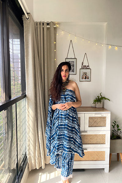 Flared Blue One Off-shoulder Kurta Set