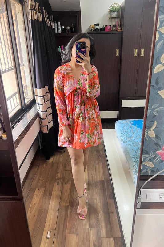 Orange Floral Flared Dress