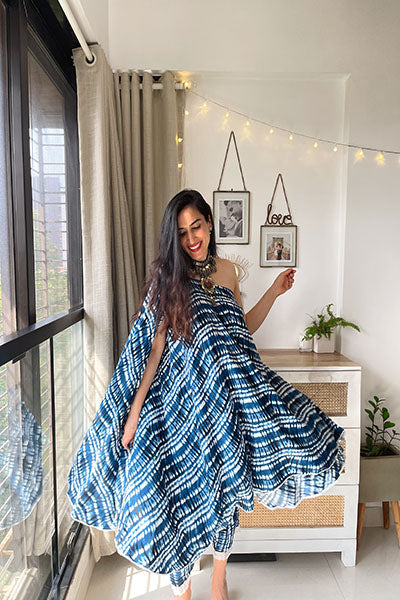 Flared Blue One Off-shoulder Kurta Set