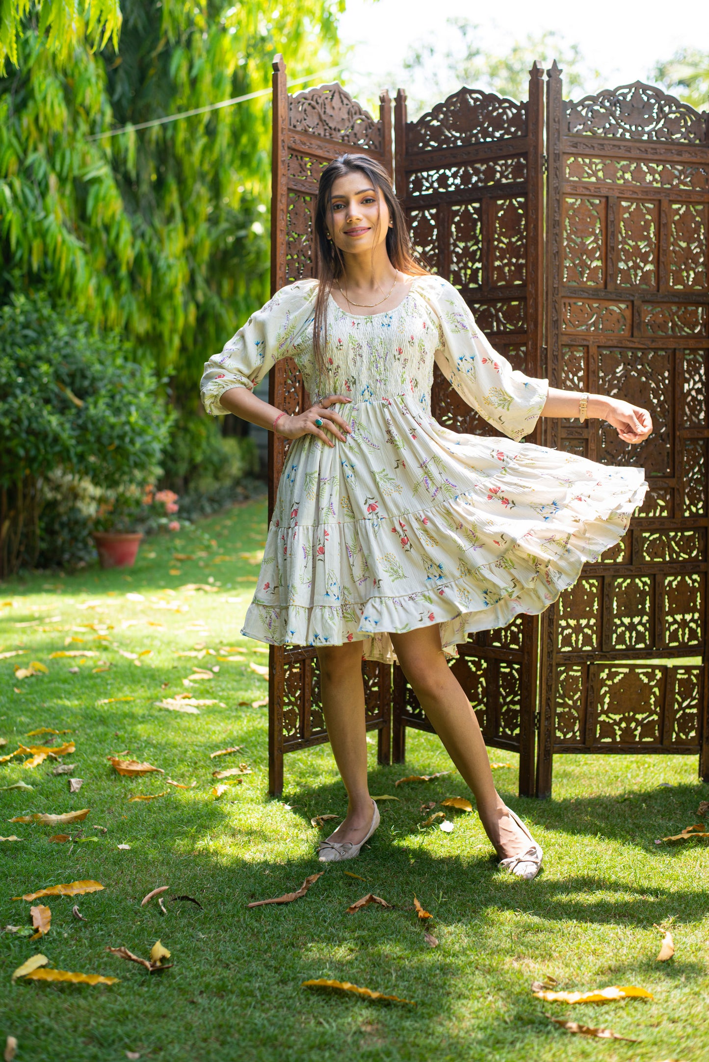 Flared Floral white dress