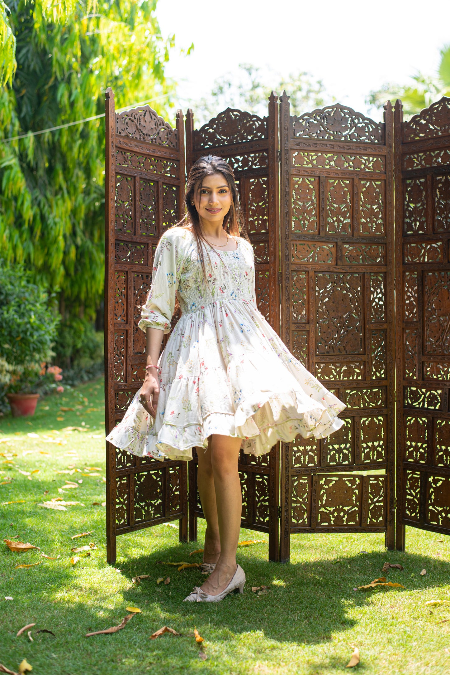 Flared Floral white dress