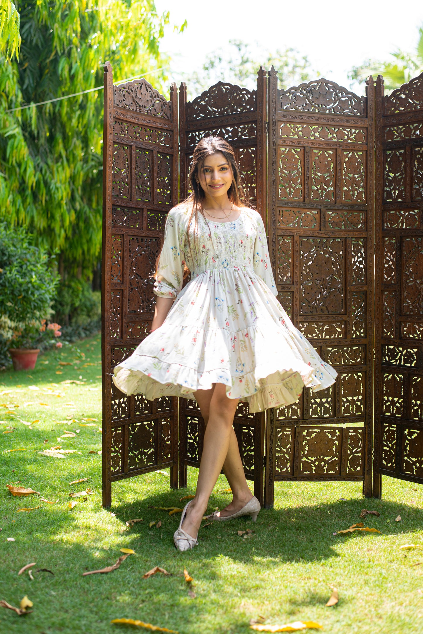 Flared Floral white dress