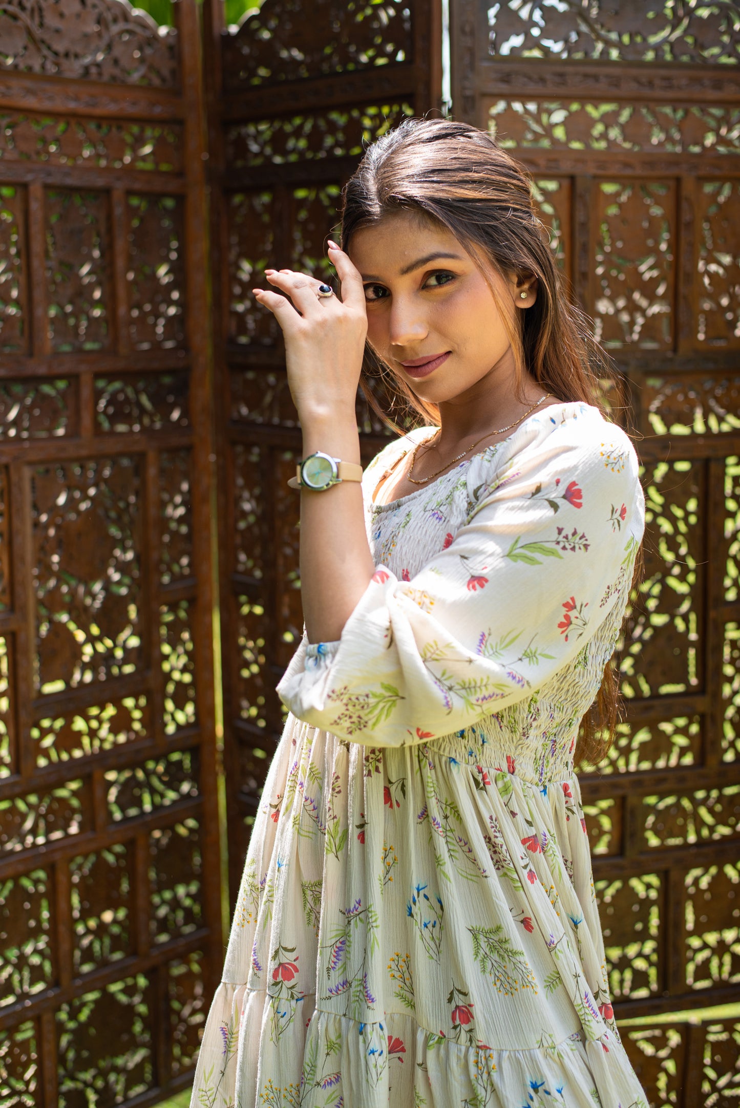 Flared Floral white dress